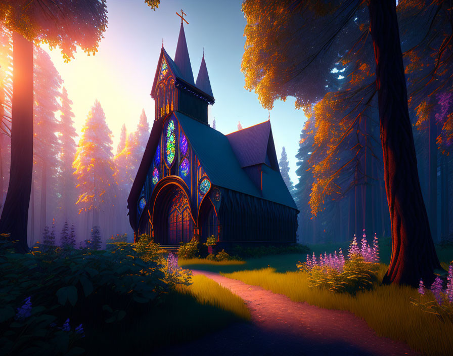 Gothic church in forest with vibrant stained-glass windows