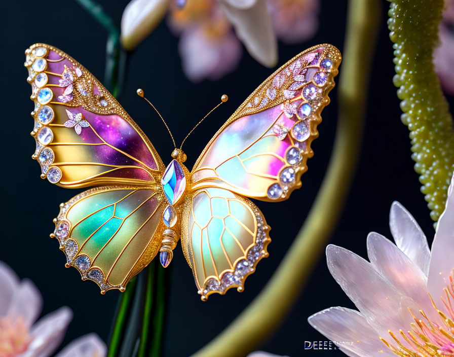 Colorful Butterfly with Jewels on Flower Display