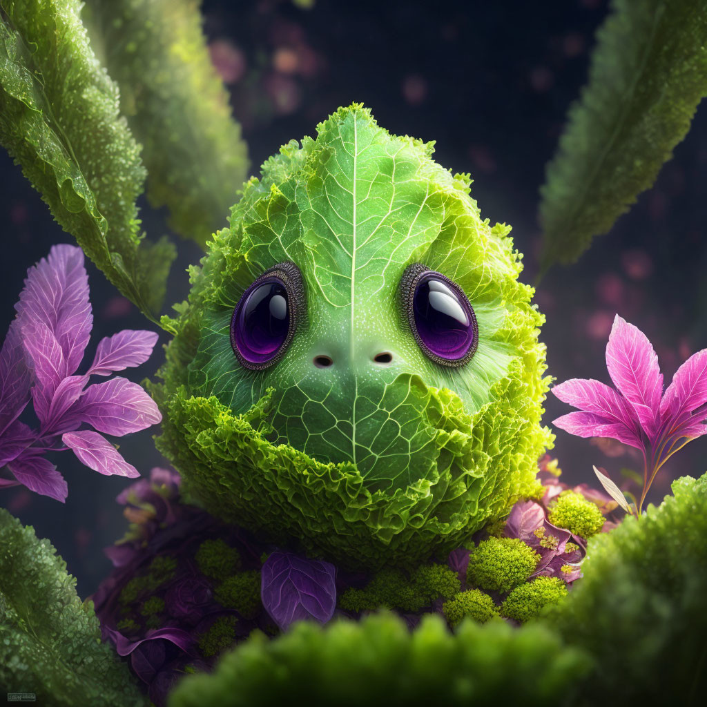 Whimsical frog-like creature with purple eyes in lush plant setting