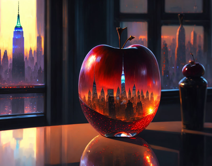 Shiny apple sculpture with etched city skyline on reflective surface in cityscape at dusk