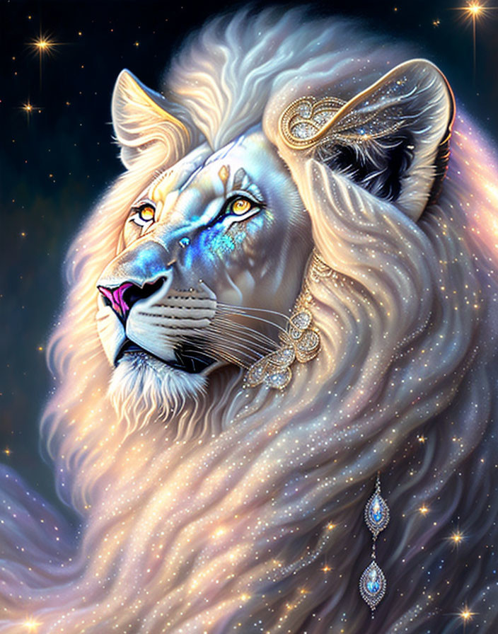 Illustrated white lion with blue eyes and golden adornments on starry night.