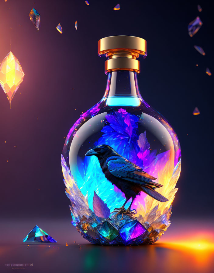 Raven perched in ornate bottle with glowing crystals on dusky background