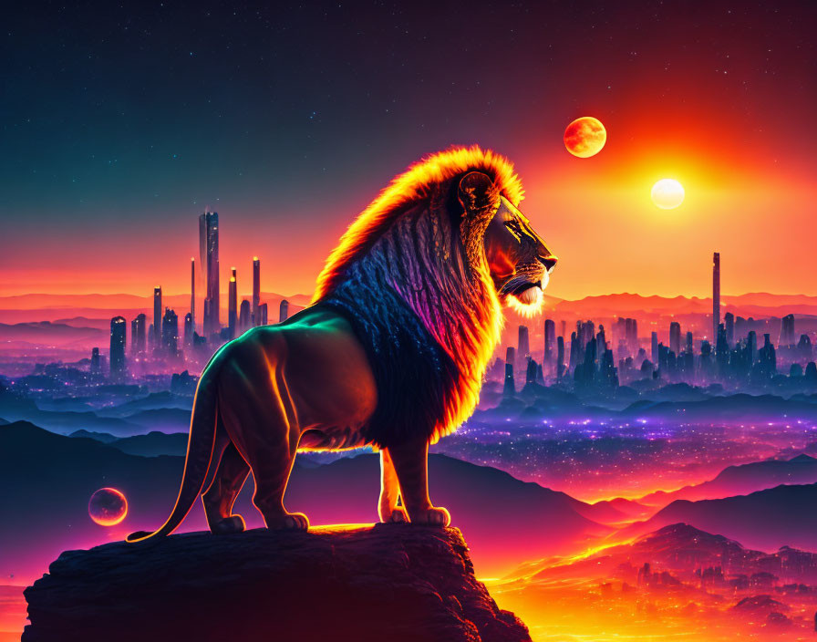 Majestic lion overlooking futuristic cityscape at sunset