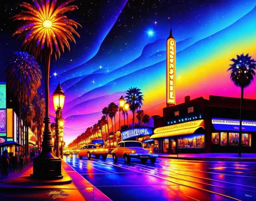 Colorful night street scene with palm trees, retro cars, neon lights