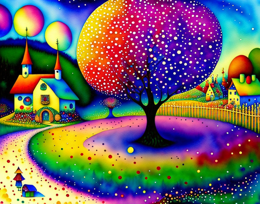 Colorful Dotted Tree & Whimsical House Painting with Celestial Background