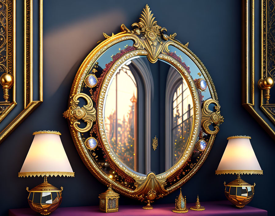 Golden mirror with jewels reflecting arched window, lamps, dark wall on purple surface