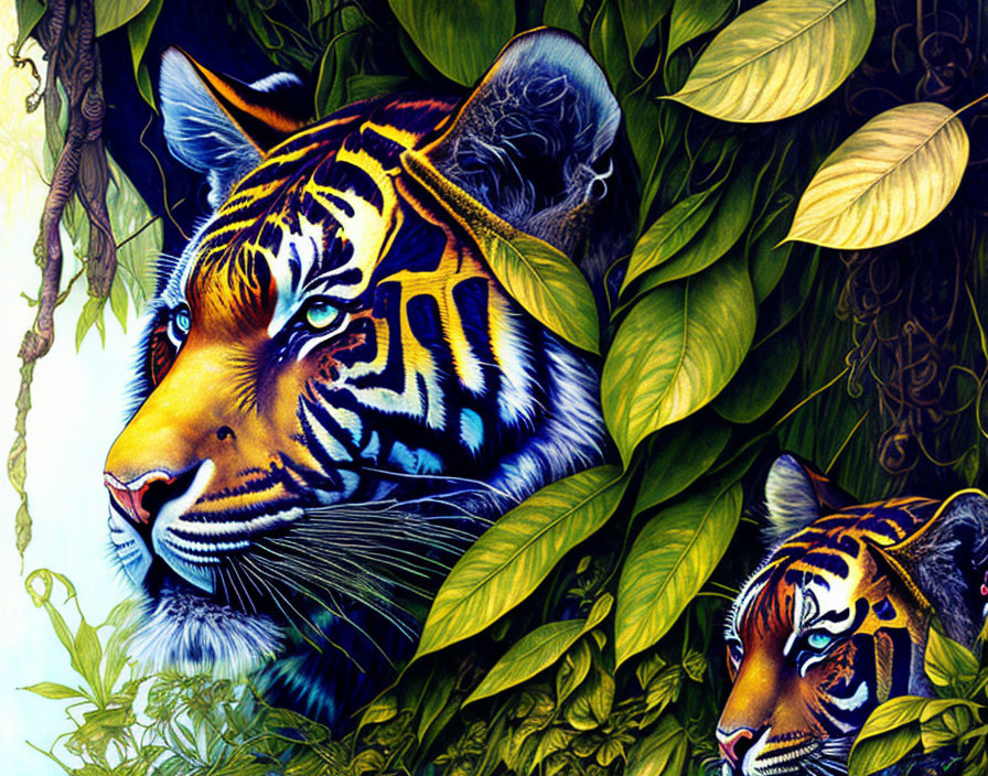 Detailed illustration: Two tigers in lush green foliage, one gazing intently.