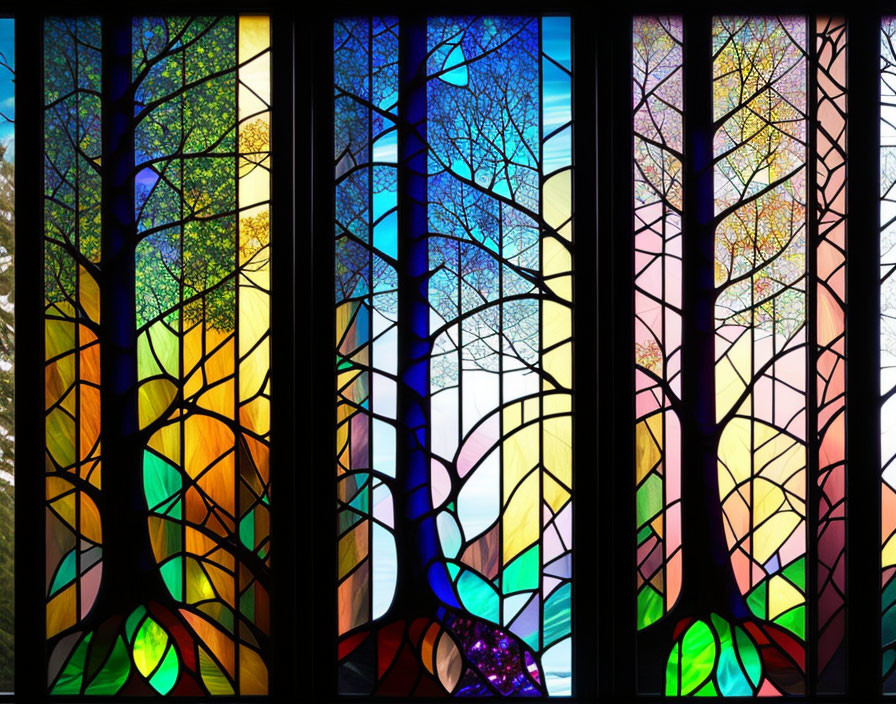 Colorful Stained-Glass Window Featuring Tree Motif