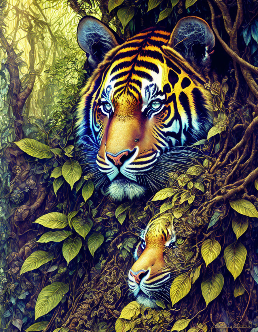 Colorful Tiger Face in Jungle Artwork with Reflection