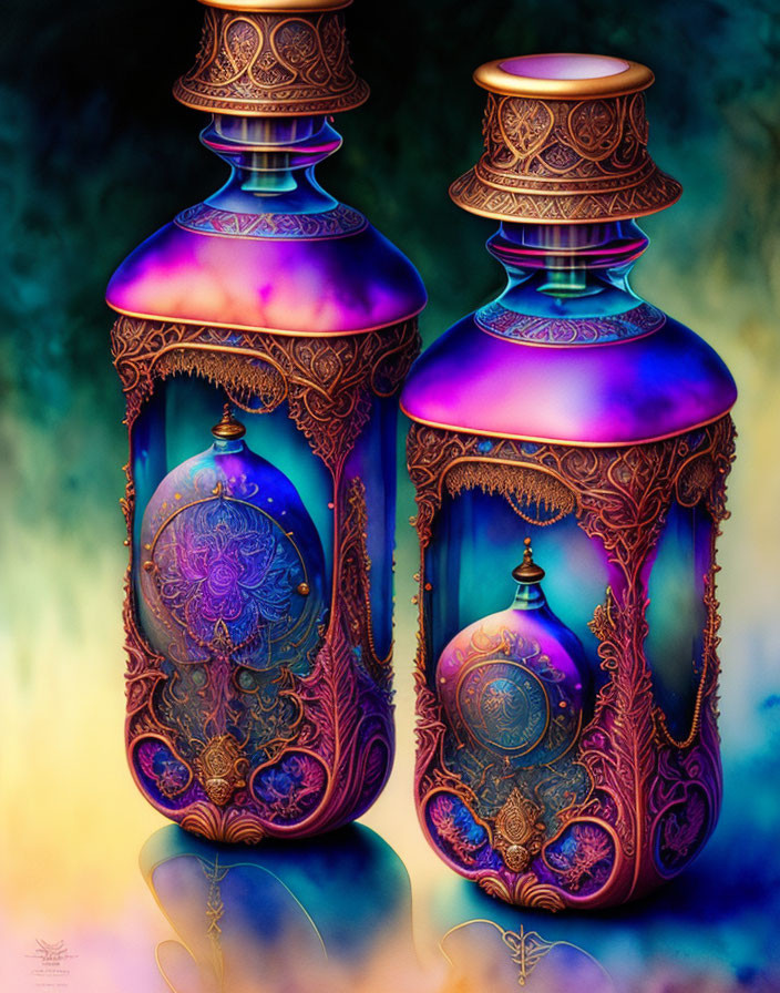 Colorful Ornate Perfume Bottles on Abstract Background