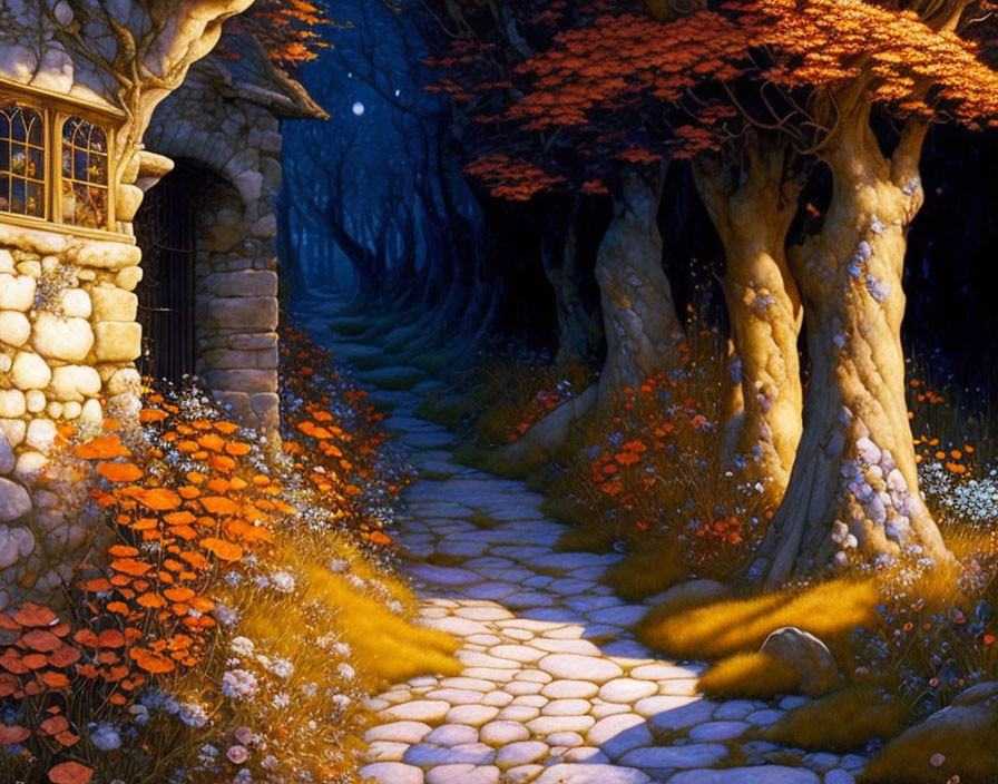 Moonlit Stone Pathway Through Twisted Trees and Cottage in Nocturnal Forest