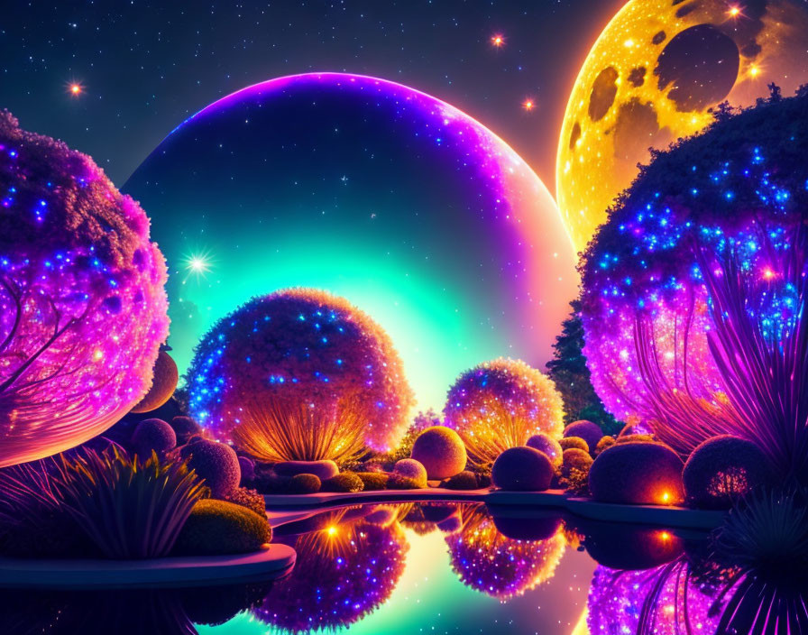 Luminous fantasy night landscape with colorful celestial bodies