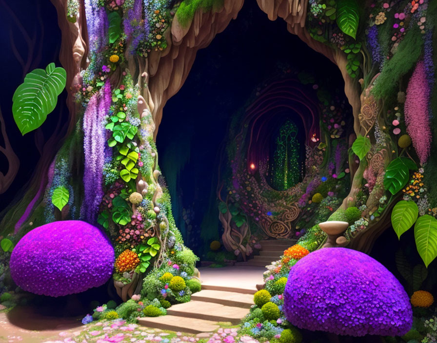 Enchanted forest with stone path, oversized flowers, and mystical archway