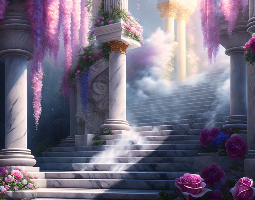 Ethereal garden with marble columns and blooming roses