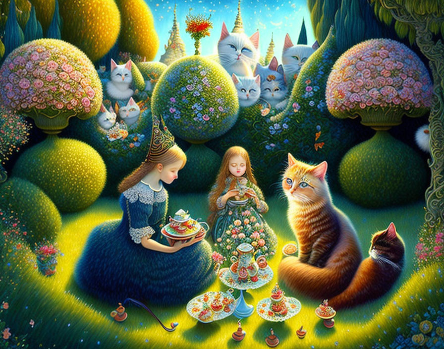 Illustration of two girls, cats, and vibrant flora in a whimsical tea party scene