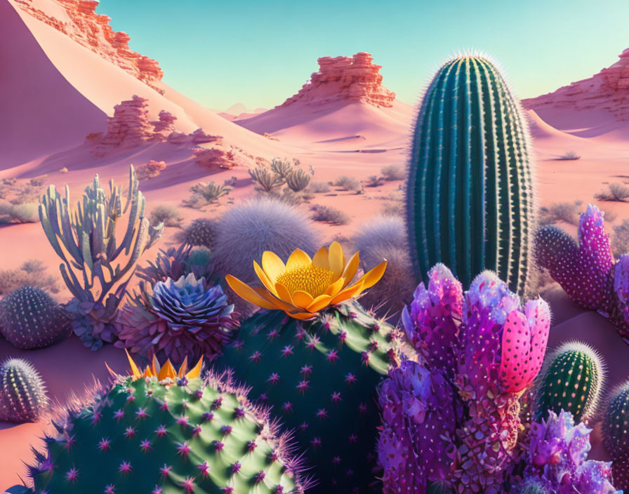 Colorful Desert Landscape with Cacti, Succulents, Flowers, and Rock Formations