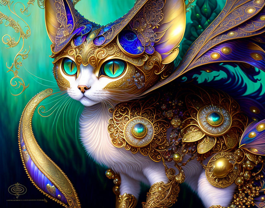 Fantasy cat with golden armor and jewels, blue eyes, intricate design