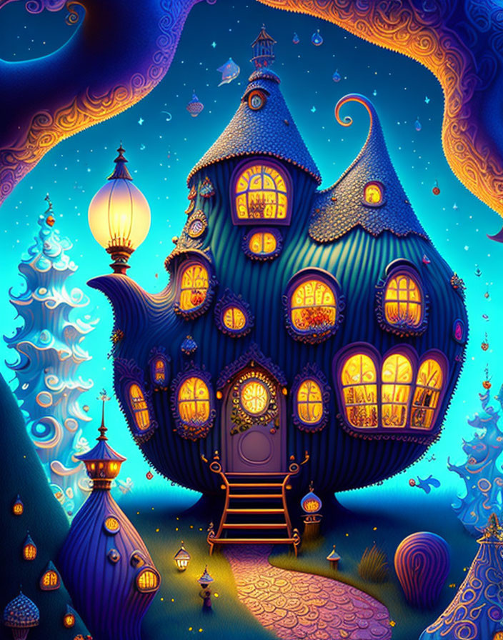 Fantastical teapot-shaped house under starry night sky