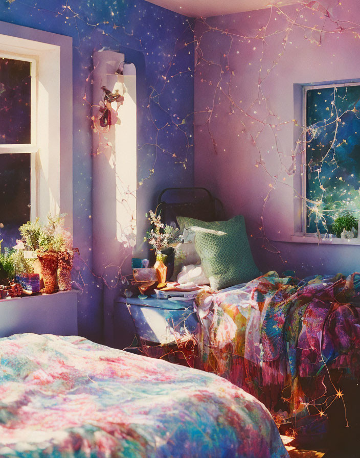 Cozy Bedroom with Fairy Lights, Colorful Bedding, Plants, and Twilight View