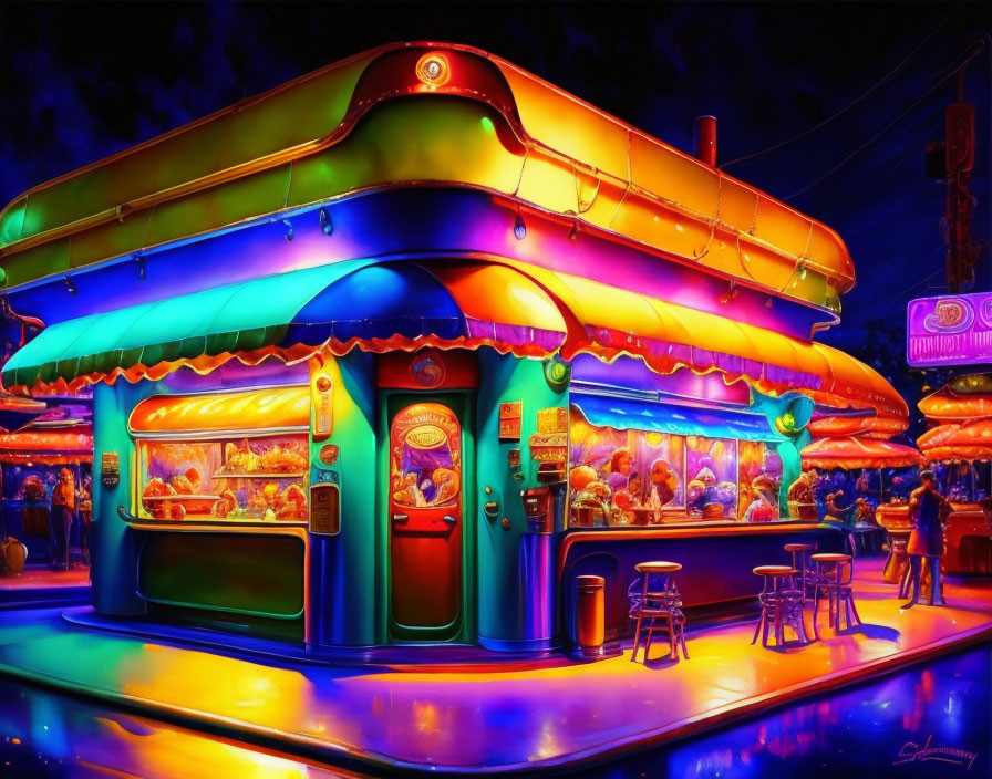 Colorful neon-lit diner with glowing signs and night sky view