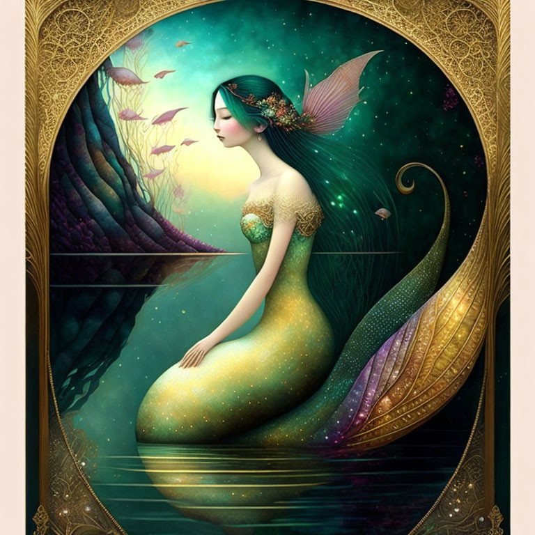 Fantasy digital artwork: Fairy by water under starry sky