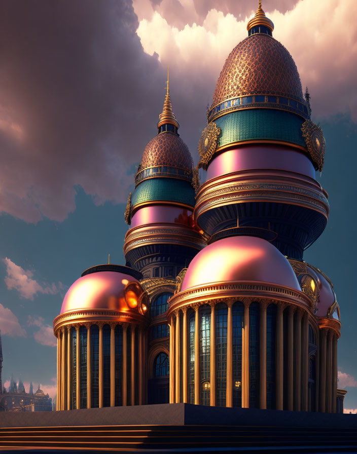 Fantastical palace with golden, blue, and pink domes at dusk