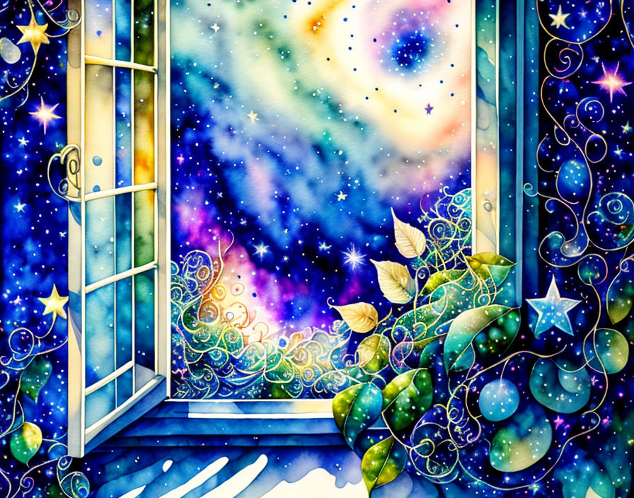 Colorful Watercolor Illustration: Open Window to Cosmic Galaxy Scene