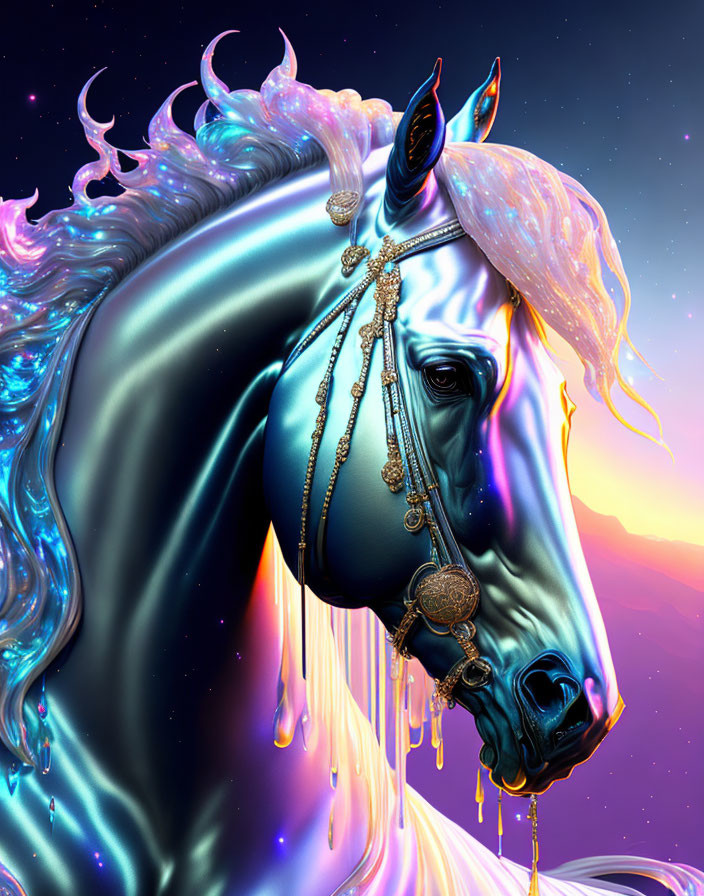 Blue horse with iridescent mane and gold ornaments in twilight sky