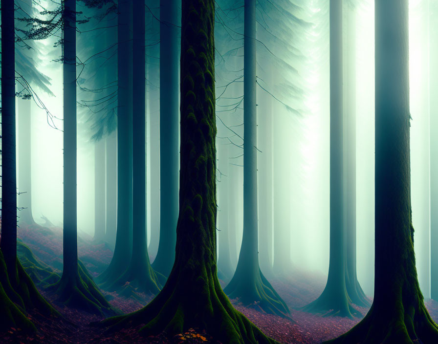 Enchanting foggy forest with tall trees and blue-green light