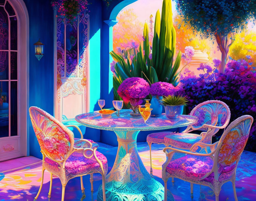 Colorful Chairs and Table in Vibrant Patio Setting overlooking Lush Garden at Sunset