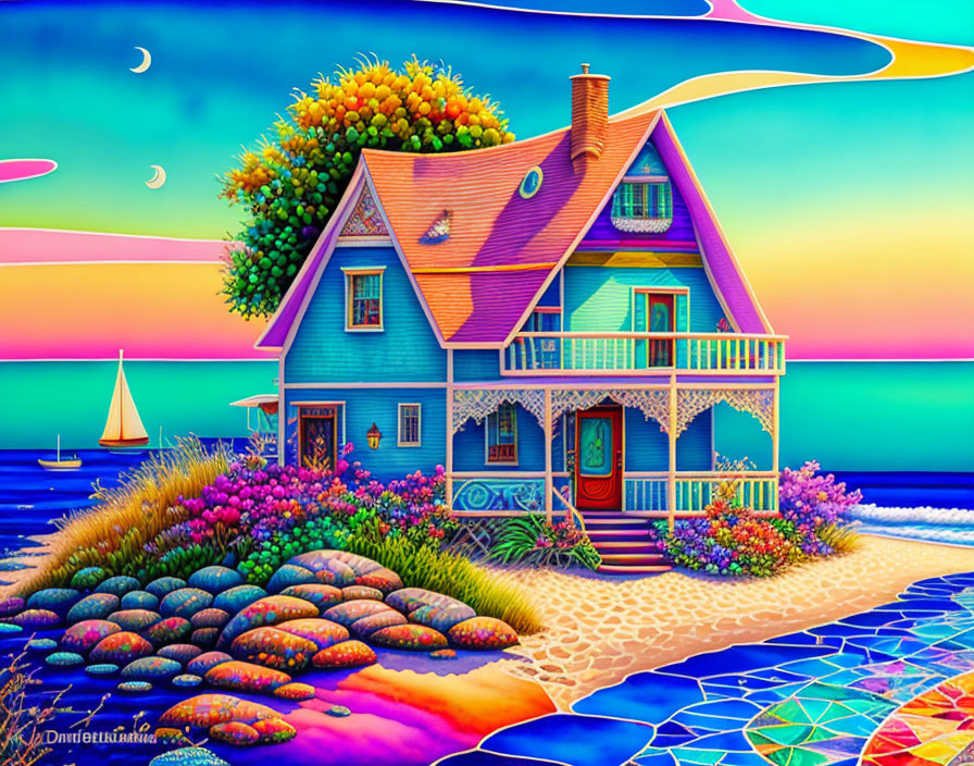 Colorful Illustration of Whimsical Seaside House with Garden