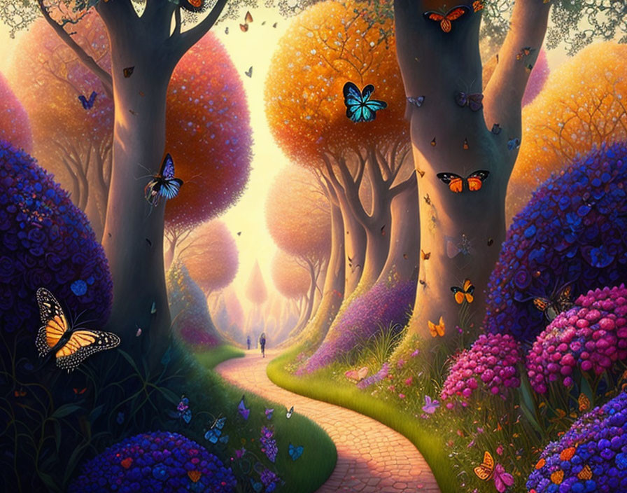 Enchanting forest trail with vibrant flowers and glowing trees