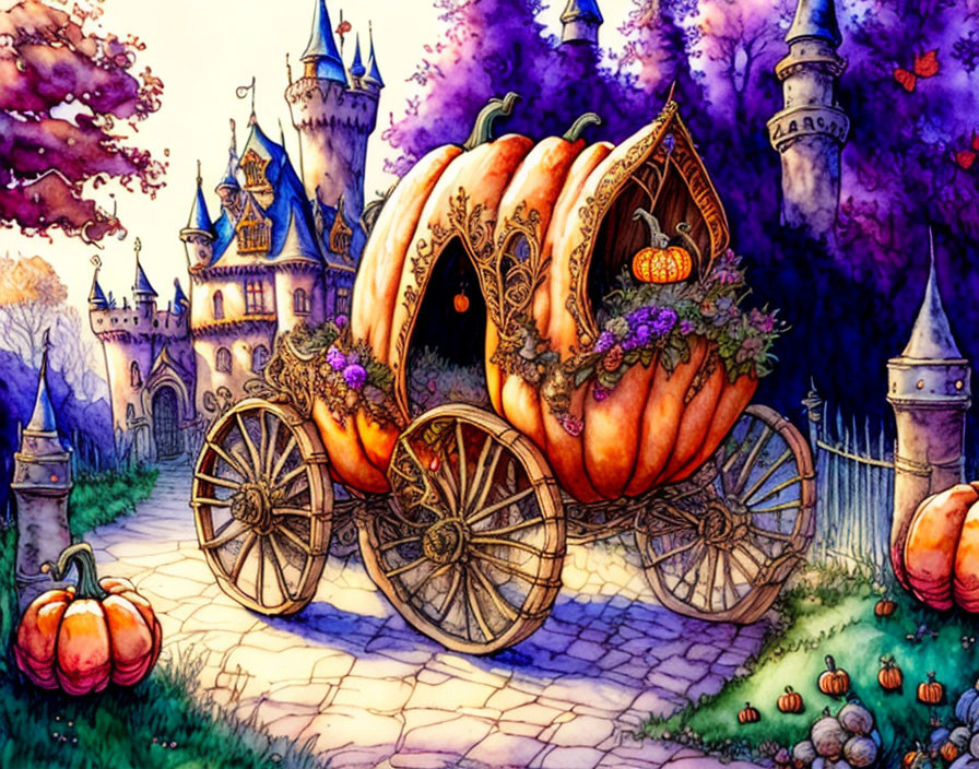 Whimsical pumpkin carriage and fairy-tale castle illustration