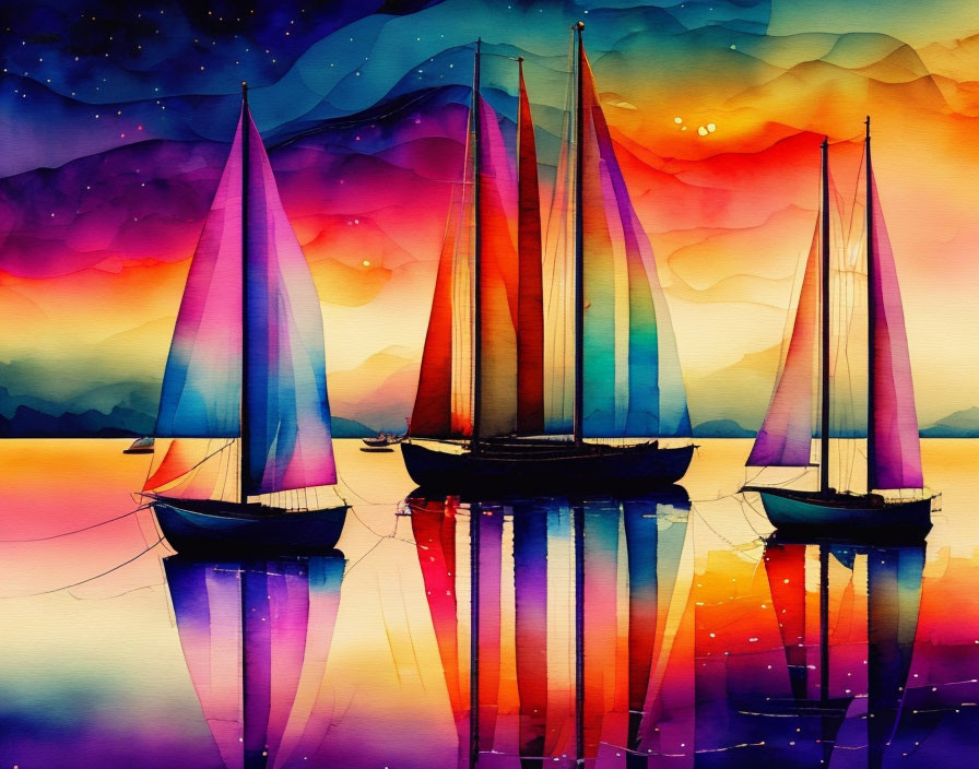 Vibrant sailboats in watercolor against sunset sky