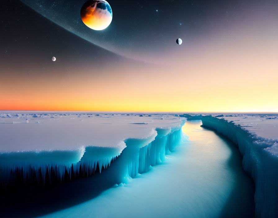 Surreal Arctic landscape with ice crevasse and looming planets