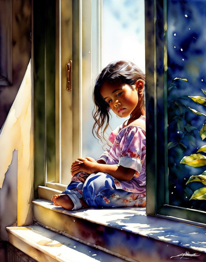 Young girl in purple top and blue jeans sits on sunny window sill surrounded by shadows and plant leaves