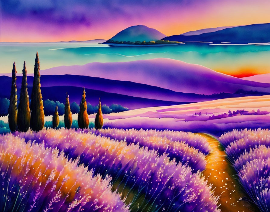 Scenic painting of lavender field at sunrise