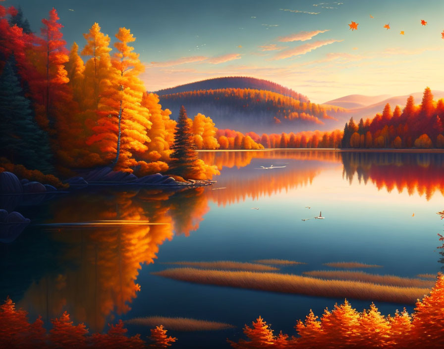 Tranquil autumn landscape with vibrant trees, calm lake, swans, and falling leaves