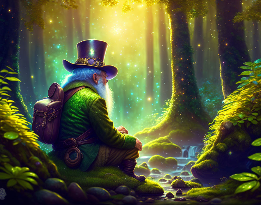 Elderly gnome in green coat and top hat in enchanted forest