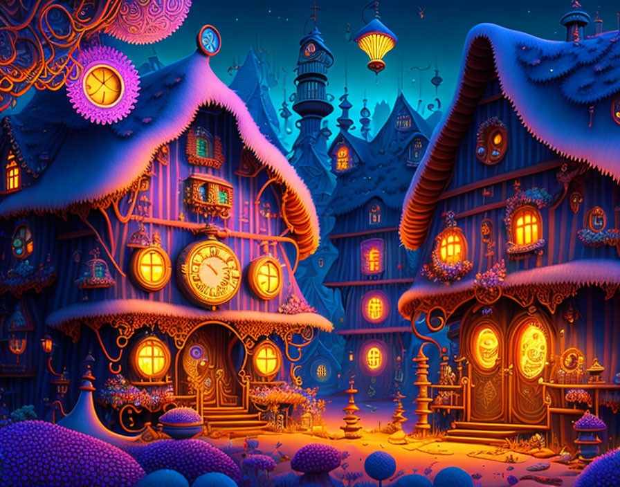 Whimsical snow-covered village with glowing windows & floating lanterns