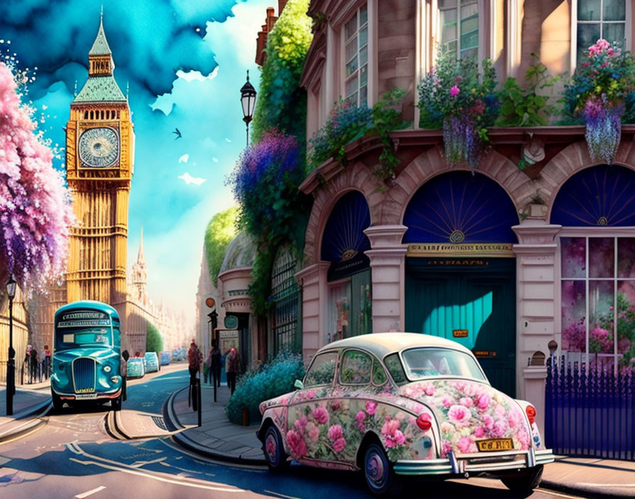 Colorful London street scene with Big Ben, black cab, and double-decker bus under blue sky