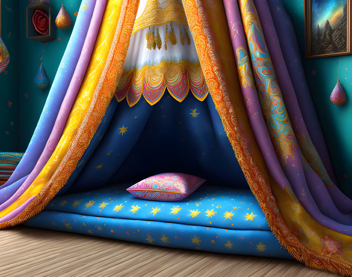 Colorful Room with Patterned Drapery, Star Motifs, Cushion, and Artwork