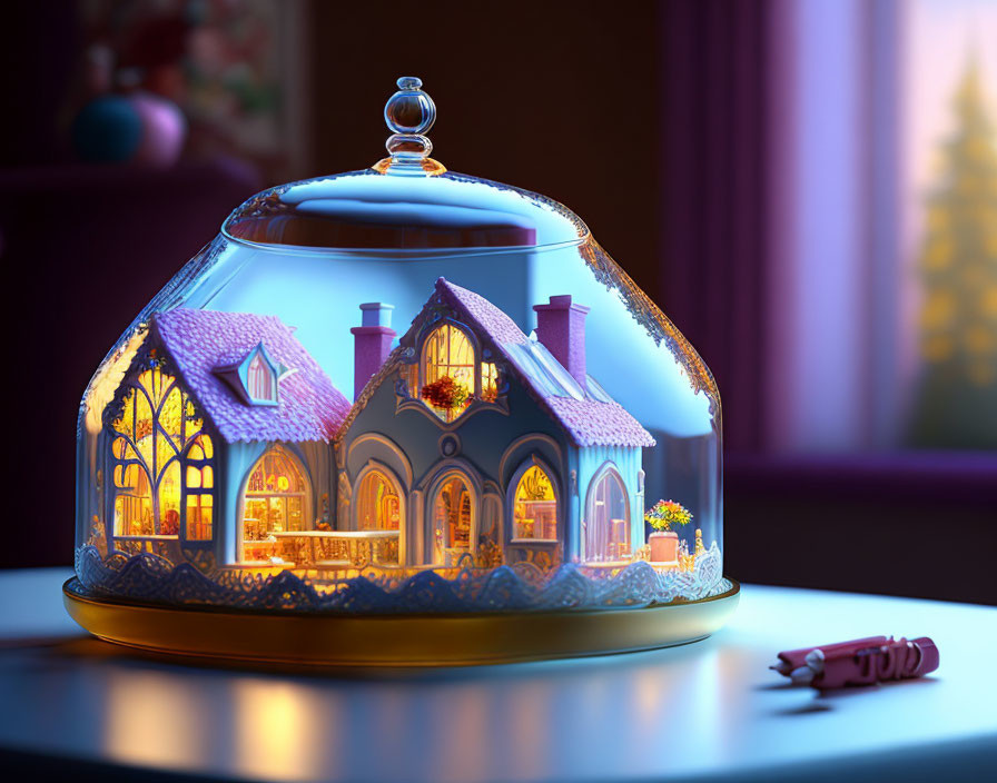 Detailed Miniature House in Glass Dome with Cozy Interior under Warm Lighting