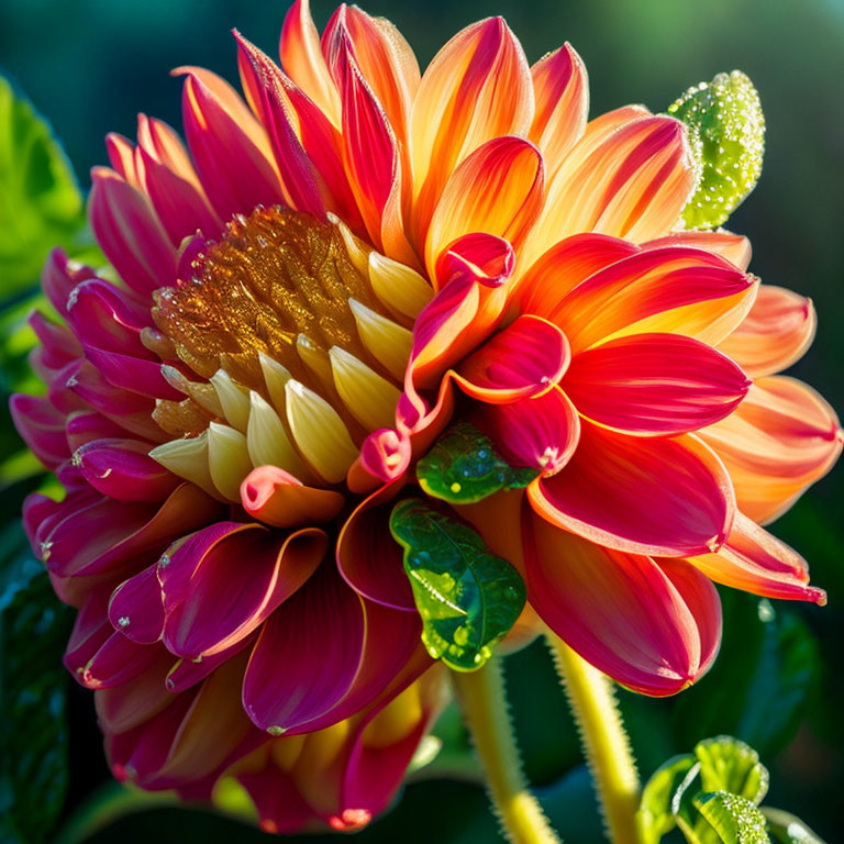 Bright Orange and Yellow Dahlia with Dew Drops in Morning Sunlight