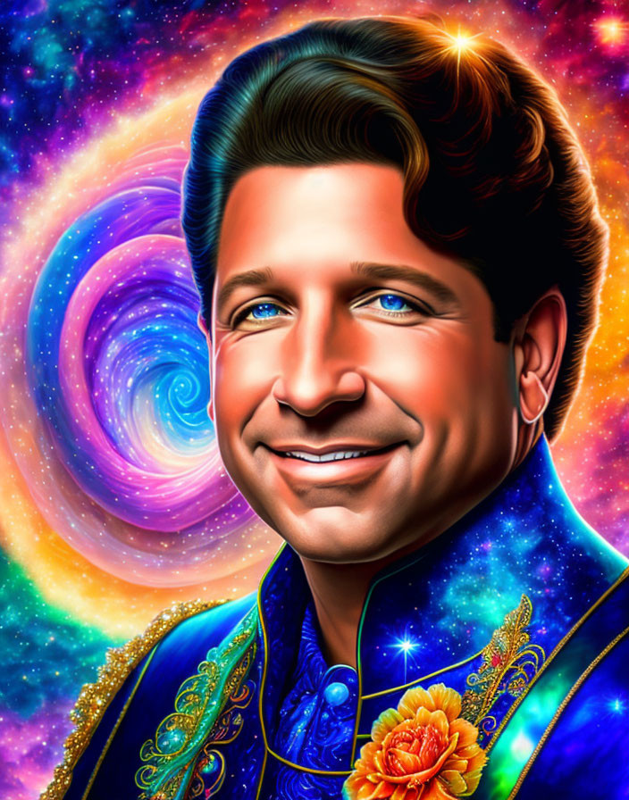 Smiling man in blue suit against cosmic backdrop