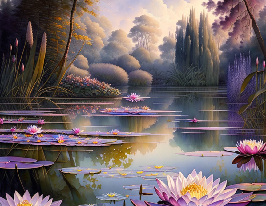 Tranquil lake scene with lush foliage, pink and white water lilies, and dusk sky