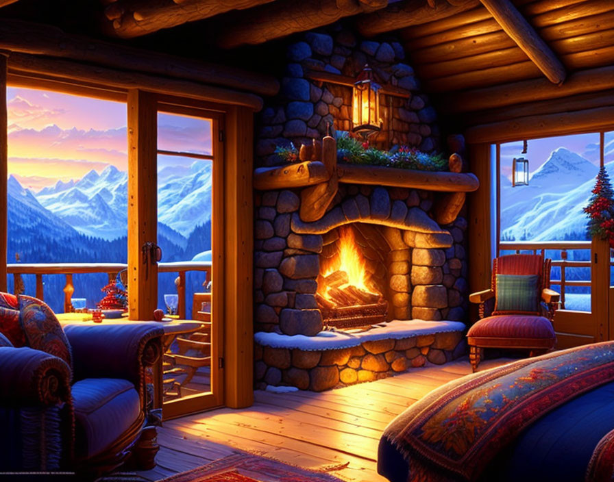 Warm Fireplace & Snowy Sunset View in Cozy Mountain Cabin