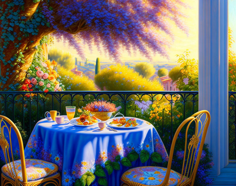 Colorful balcony breakfast scene with blue tablecloth and garden view