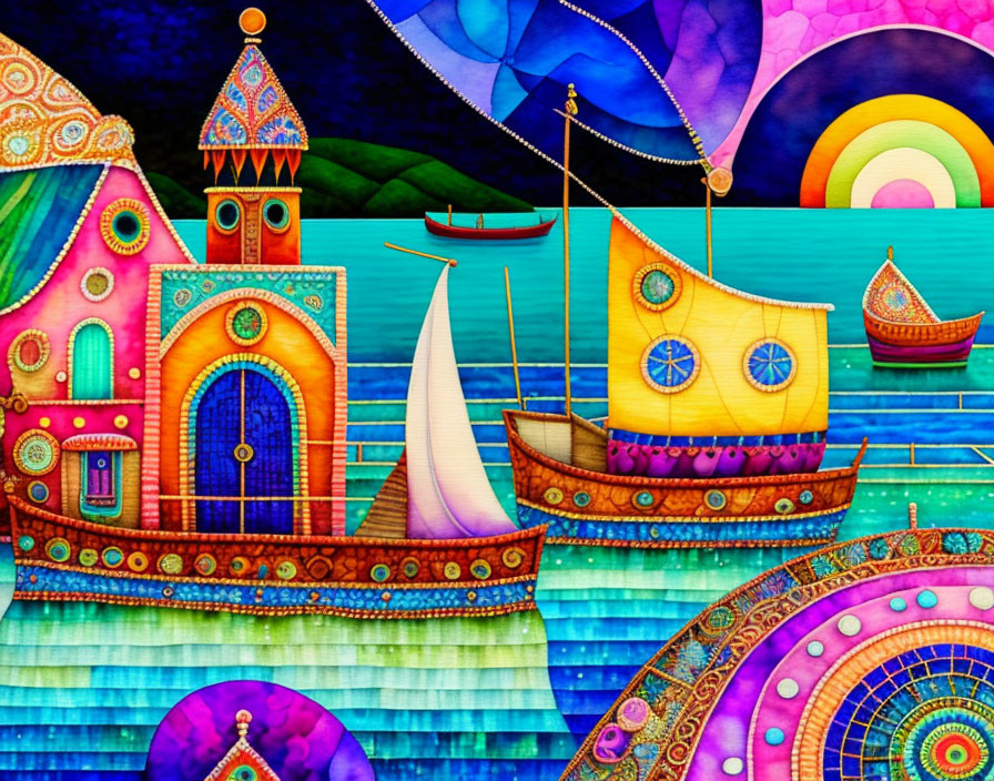 Whimsical illustration of vibrant buildings and boats on blue background