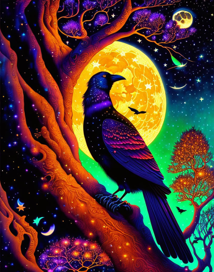 Colorful Raven Perched on Twisted Tree Under Yellow Moon